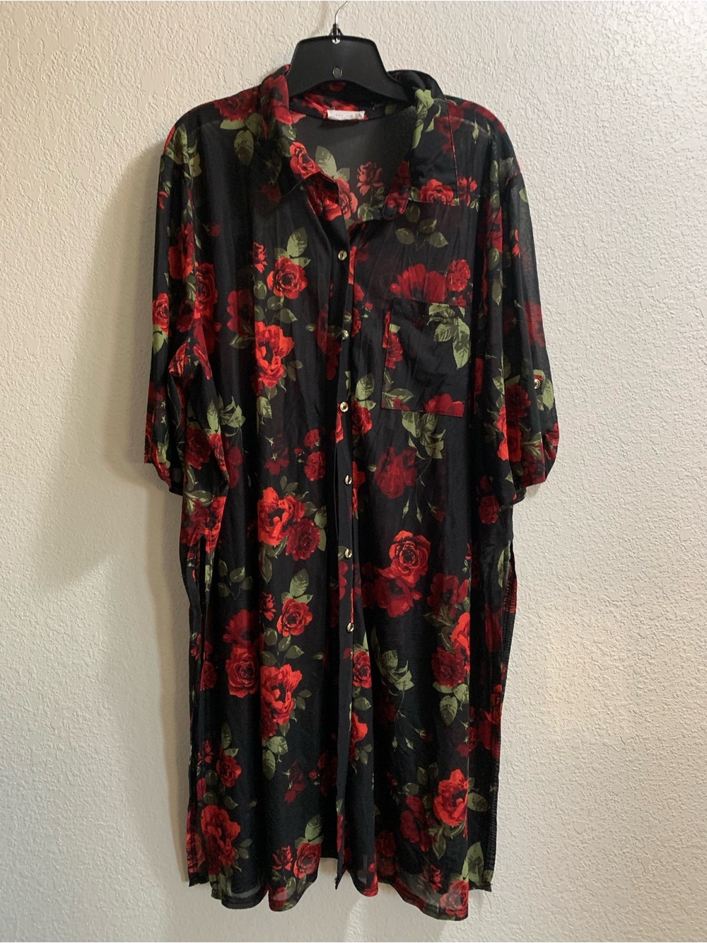 Black Floral Button-Front Women's Top with Red Rose Print